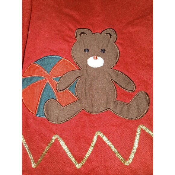 Vintage Red Christmas Tree Skirt With Appliqué Santa Bear Toys Gold Zigzag Trim - Picture 4 of 9